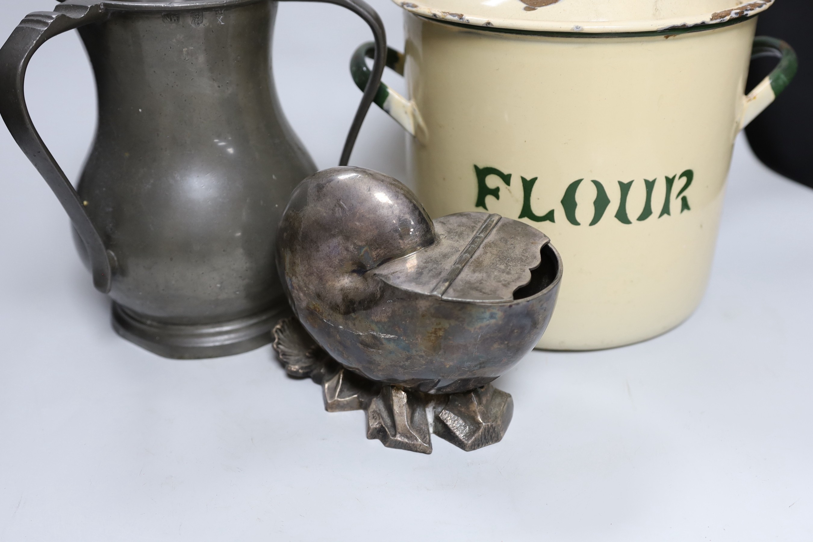 A pewter tyg and two other items, tyg 20cms high